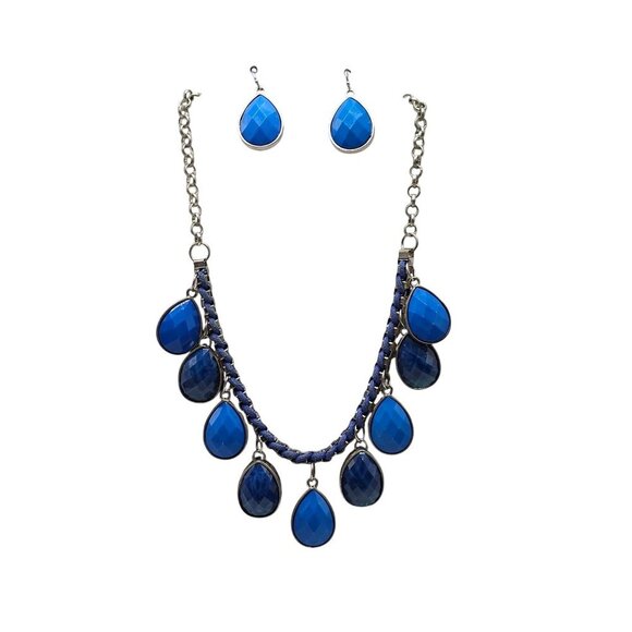 Blue Teardrop Statement Necklace Matching Earrings Set Silver Tone - Picture 1 of 9